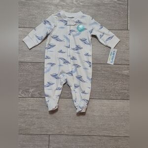 Carter's White and Blue Whale Print Kids One Piece Footie Sleeper. 100% Cotton.